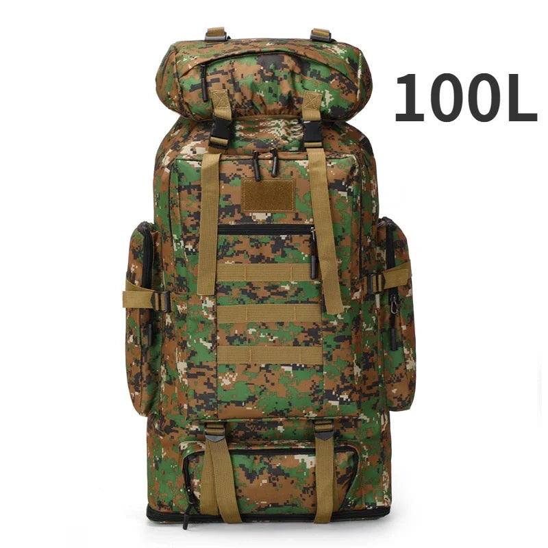Camouflage backpack with multiple straps on a white background