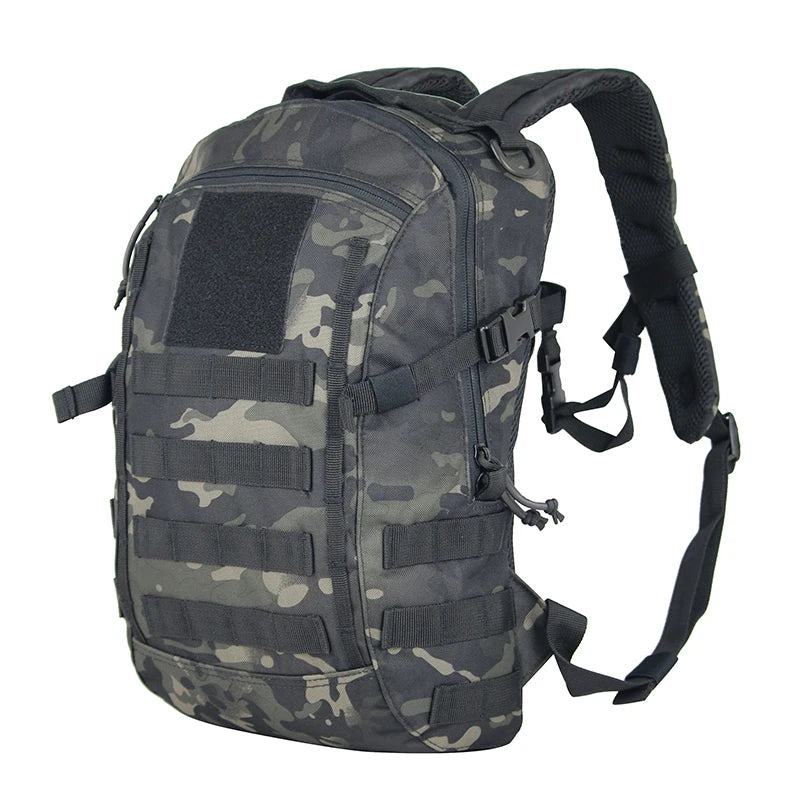 Camouflage backpack with multiple pockets and straps on a white background