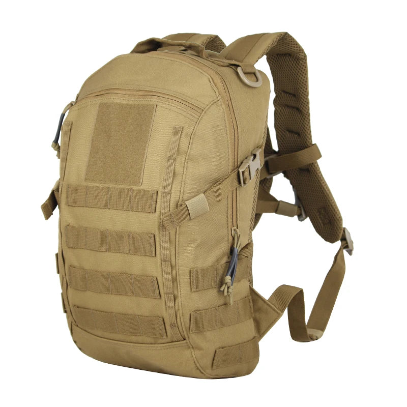 Tan tactical backpack on a white background
