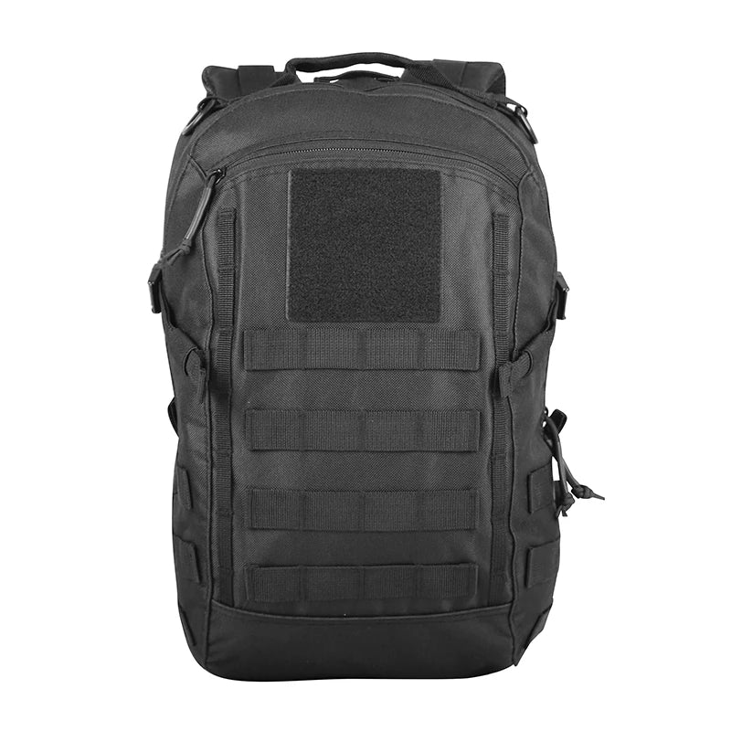 Black tactical backpack on a white background