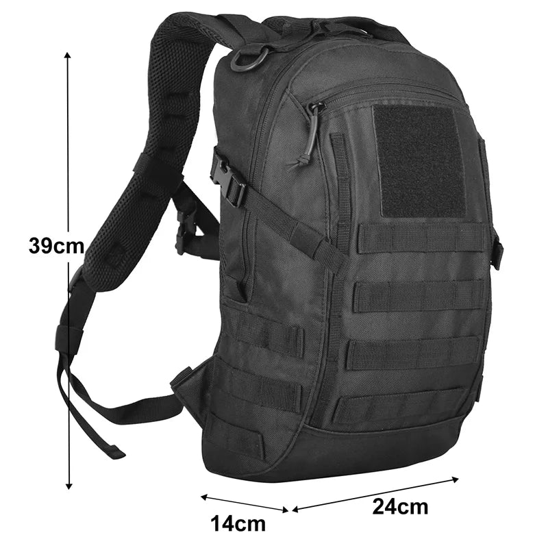 Black tactical backpack with dimensions indicated on a white background