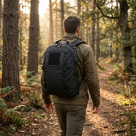 Person walking through a forest with a black backpack