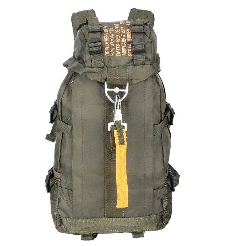 Green tactical backpack with yellow accents on a white background