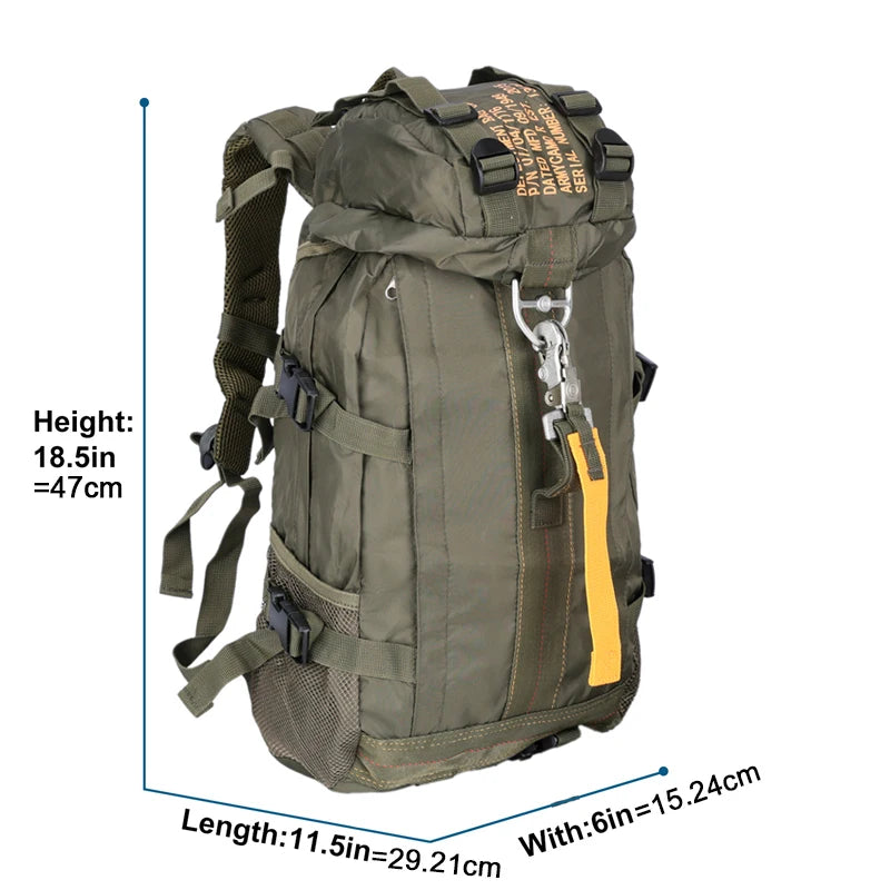 Green backpack with measurement details on a white background
