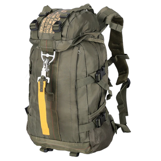 Green backpack with yellow accents on a white background