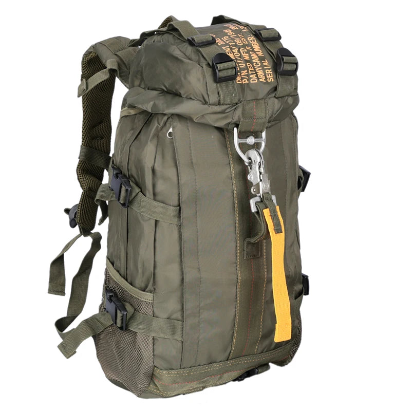 Green tactical backpack with yellow accents on a white background