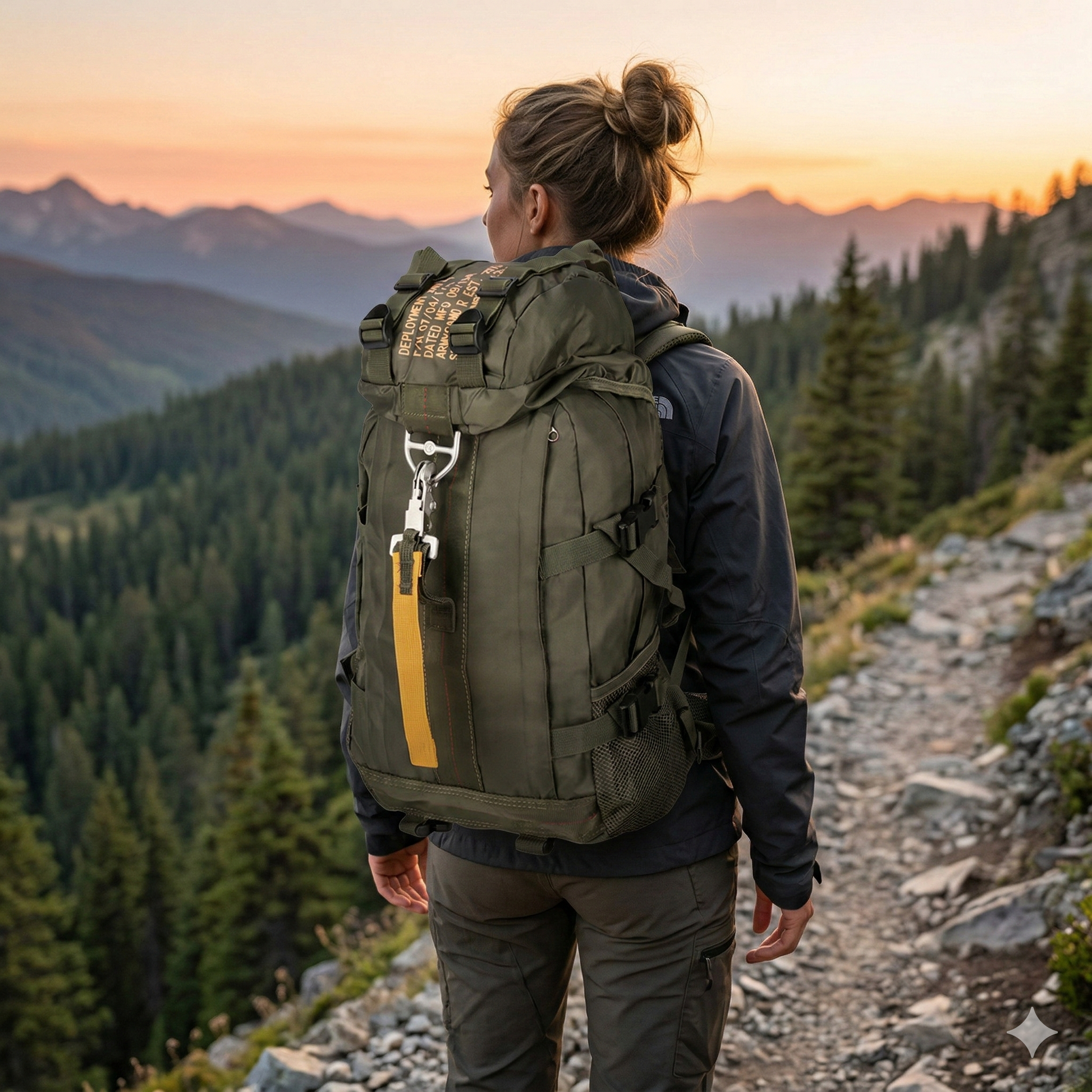 Person with a large green backpack standing on a mountain trail at sunset.