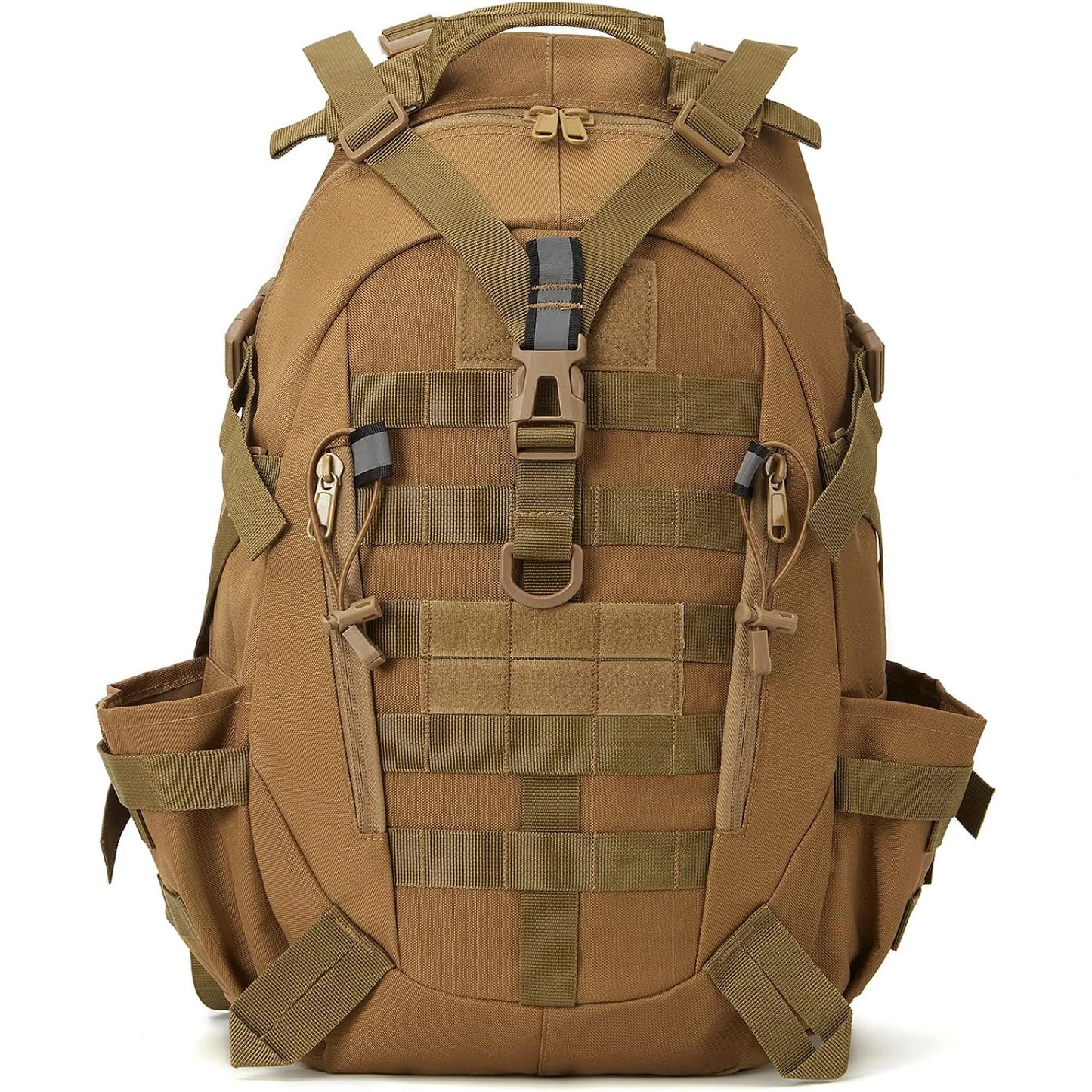 Brown tactical backpack with multiple straps and buckles on a white background