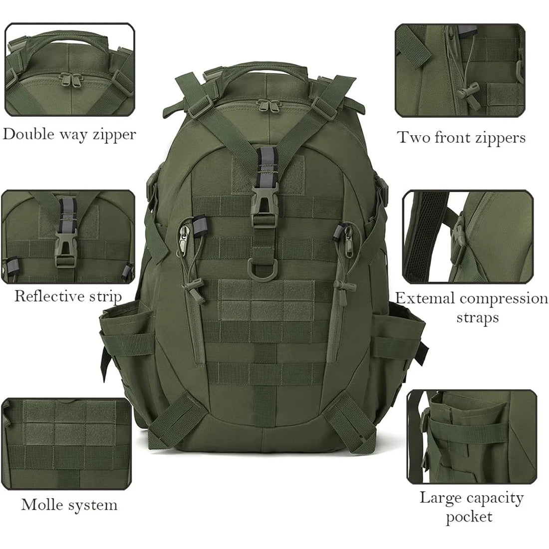 Green tactical backpack with various features highlighted on a white background