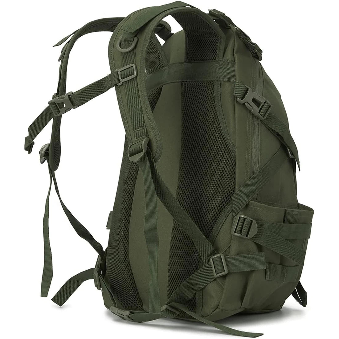 Green backpack with multiple straps on a white background