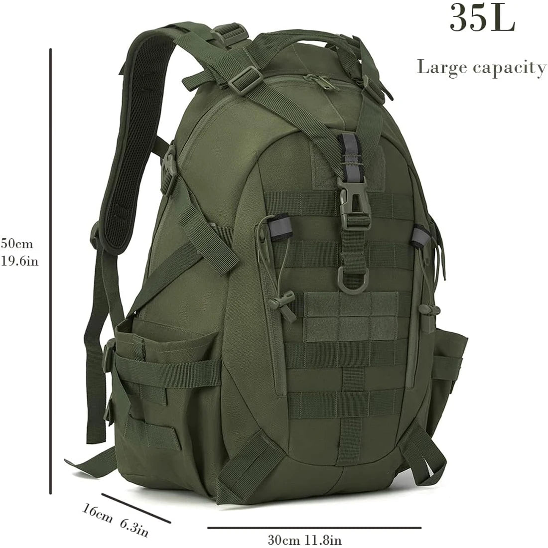 Green tactical backpack with measurement details on a white background