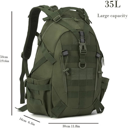 Green tactical backpack with measurement details on a white background