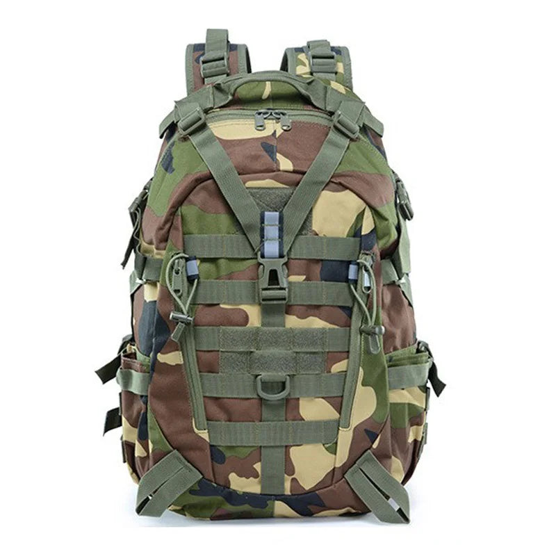 Camouflage backpack with multiple straps on a white background