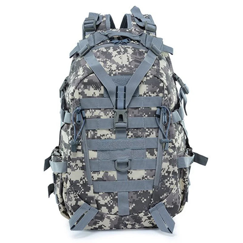 Camouflage backpack with gray straps on a white background