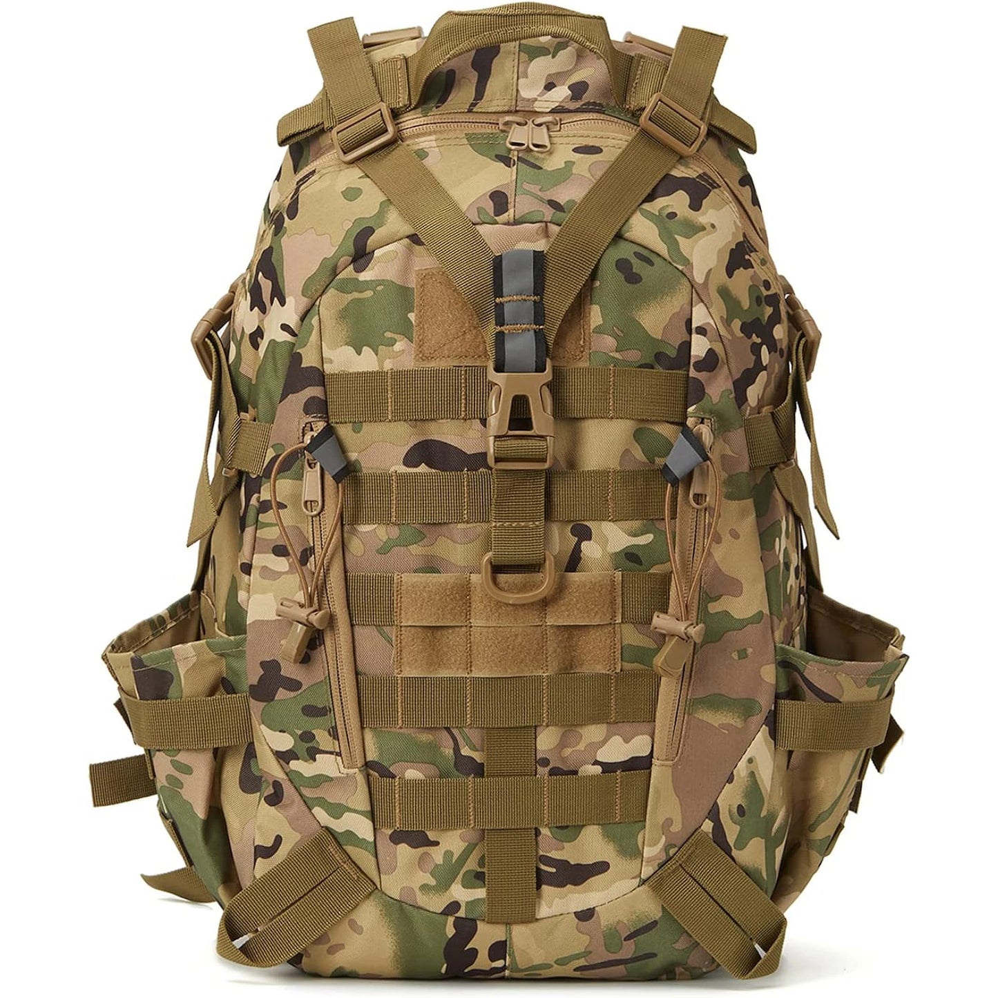 Camouflage backpack with multiple straps on a white background