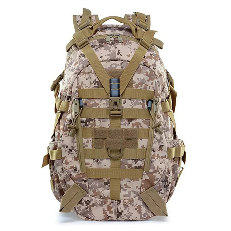 Camouflage backpack with tactical straps on a white background