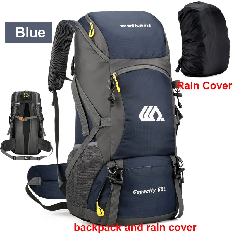 Blue and gray backpack with rain cover on a white background