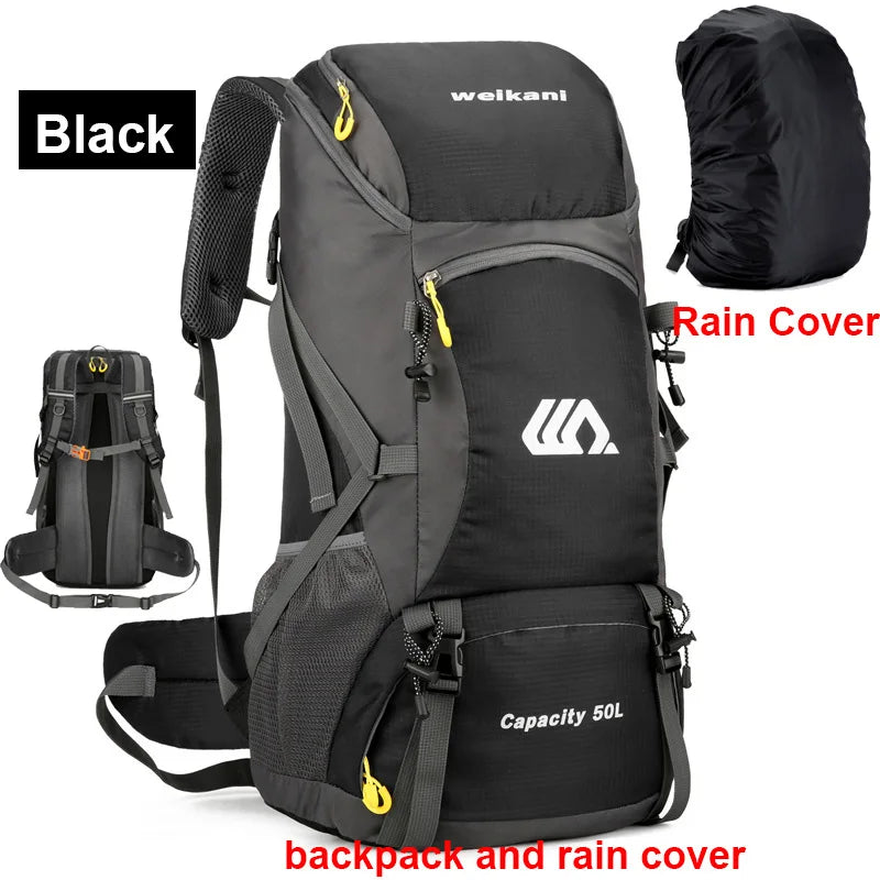Black backpack with rain cover and additional backpack on a white background