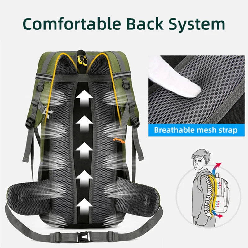 Backpack with breathable mesh strap feature and text 'Comfortable Back System'.