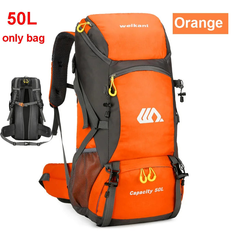 Orange backpack with black straps and 'walkani' branding on a white background