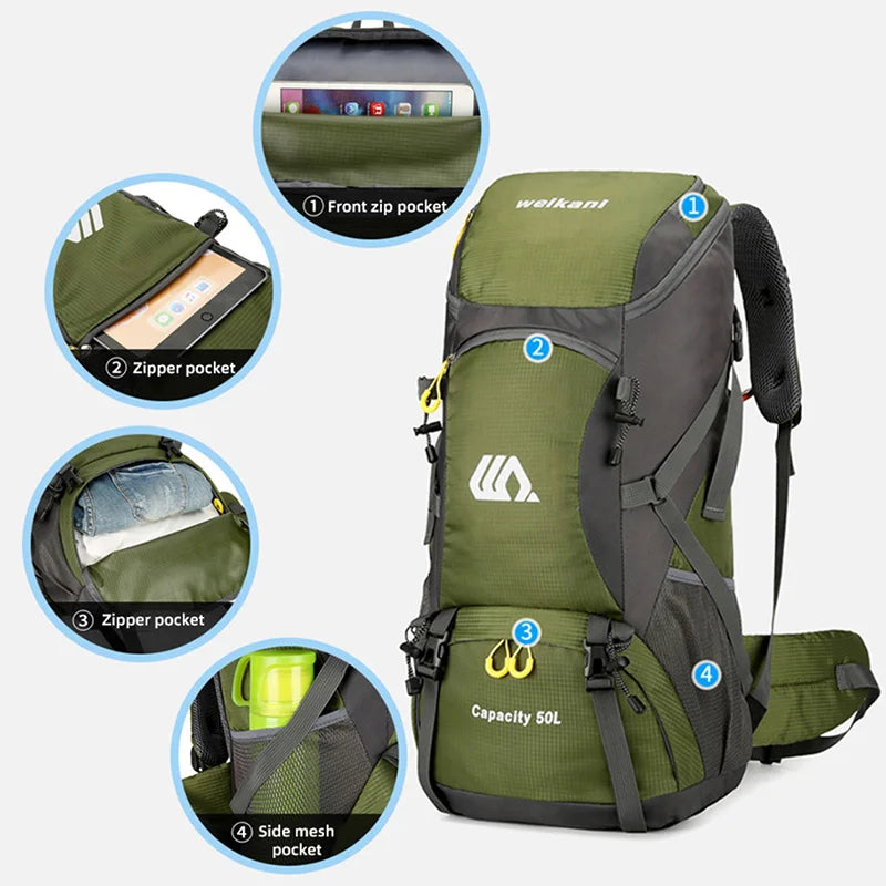 Green and gray backpack with features highlighted on a white background