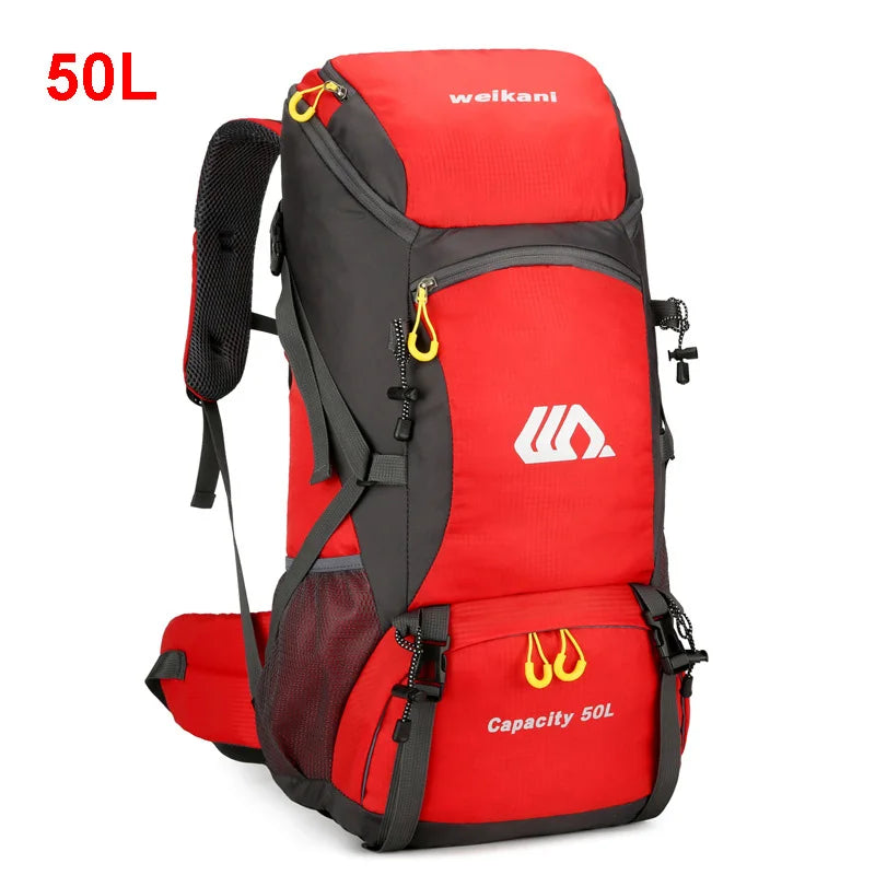Red backpack with black straps and visible brand logo on a white background