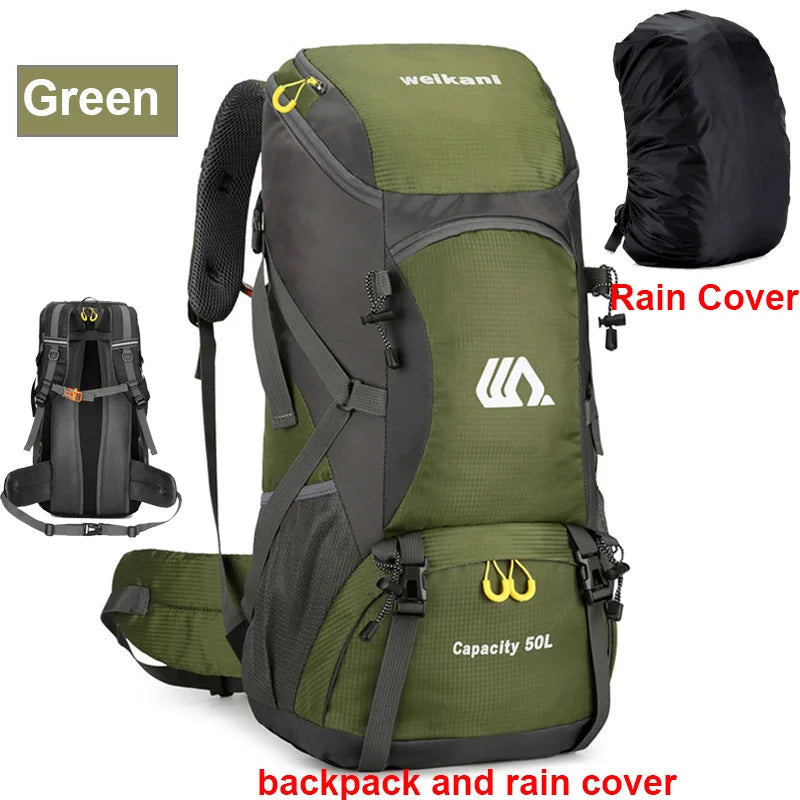 Green hiking backpack with rain cover and additional views on a white background