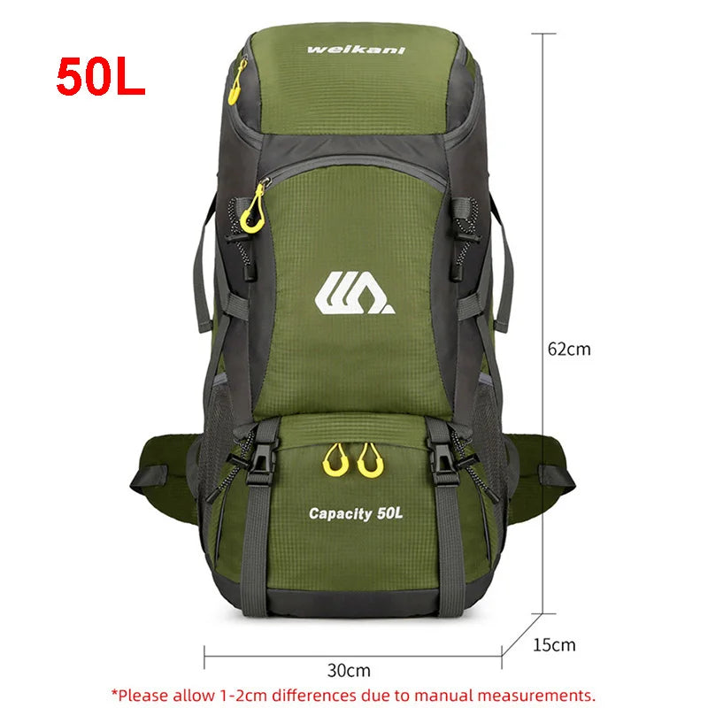 Green and gray backpack with measurements and brand name on a white background