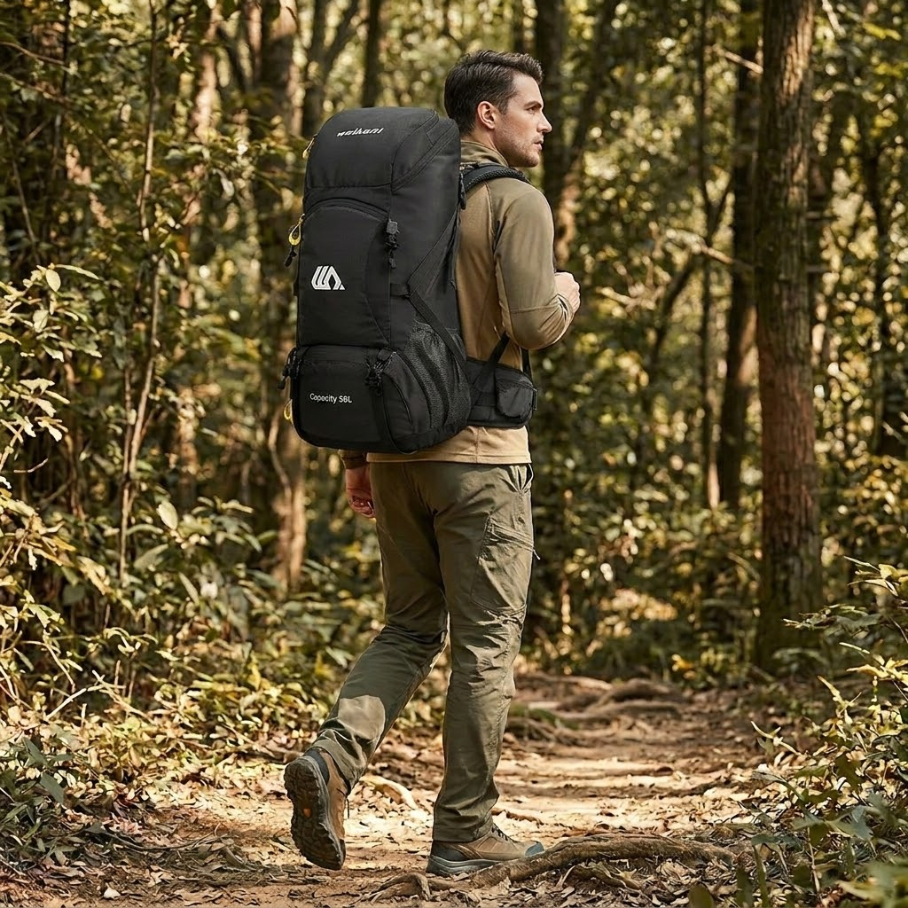 Man hiking in a forest with a large black backpack