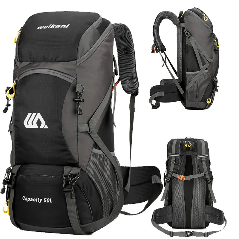 Black and gray backpack with multiple angles on a white background