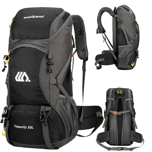 Black and gray backpack with multiple angles on a white background