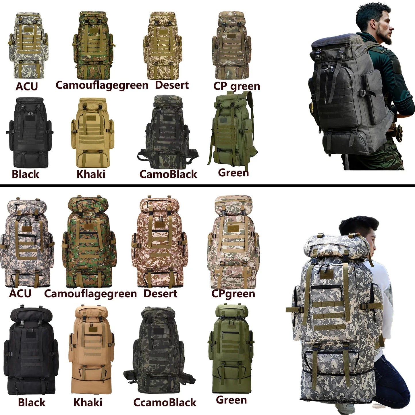 Collection of tactical backpacks in various camouflage patterns with color labels.