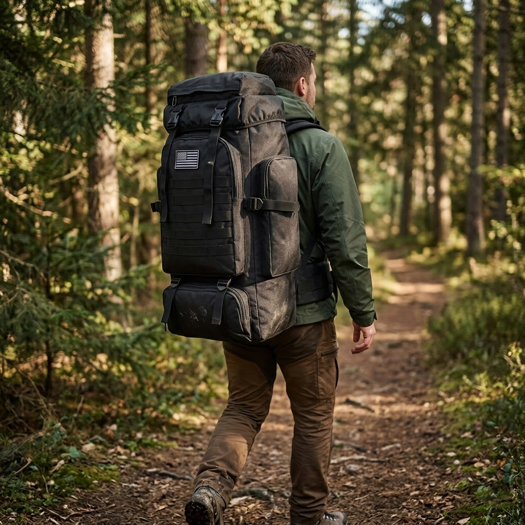 Person walking in a forest with a large backpack