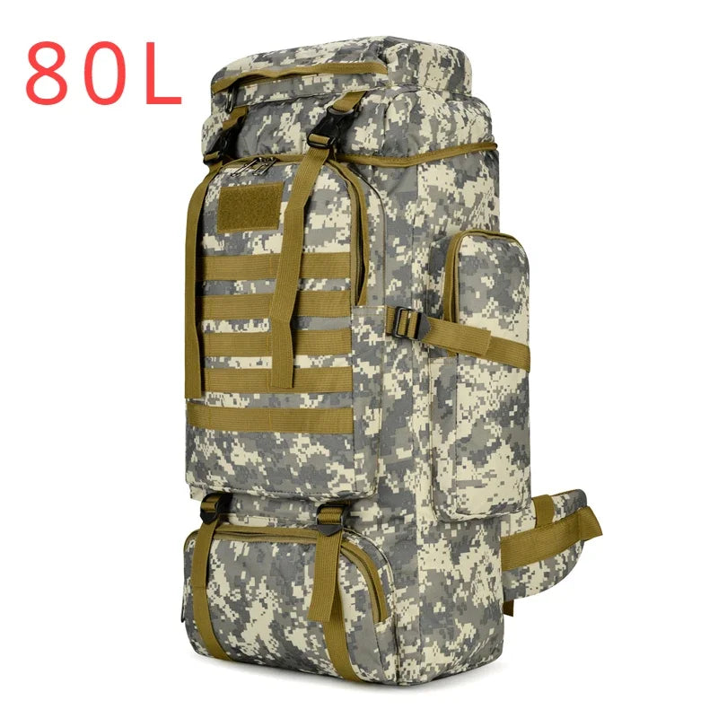 Camouflage backpack with 80L capacity on a white background