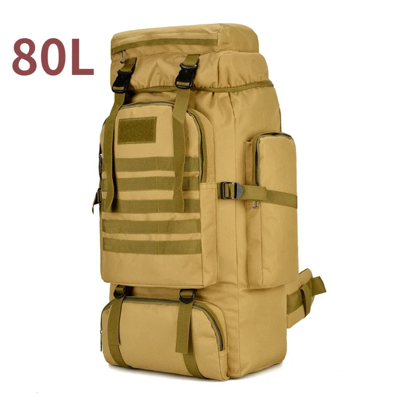 Tan backpack with multiple straps and pockets on a white background
