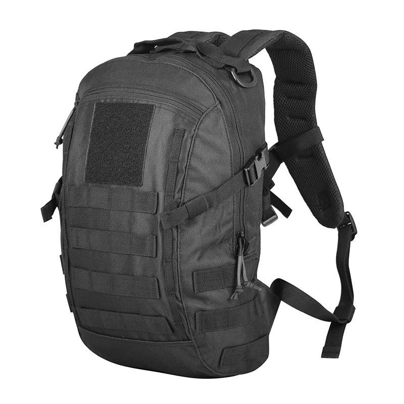 Black tactical backpack on a white background