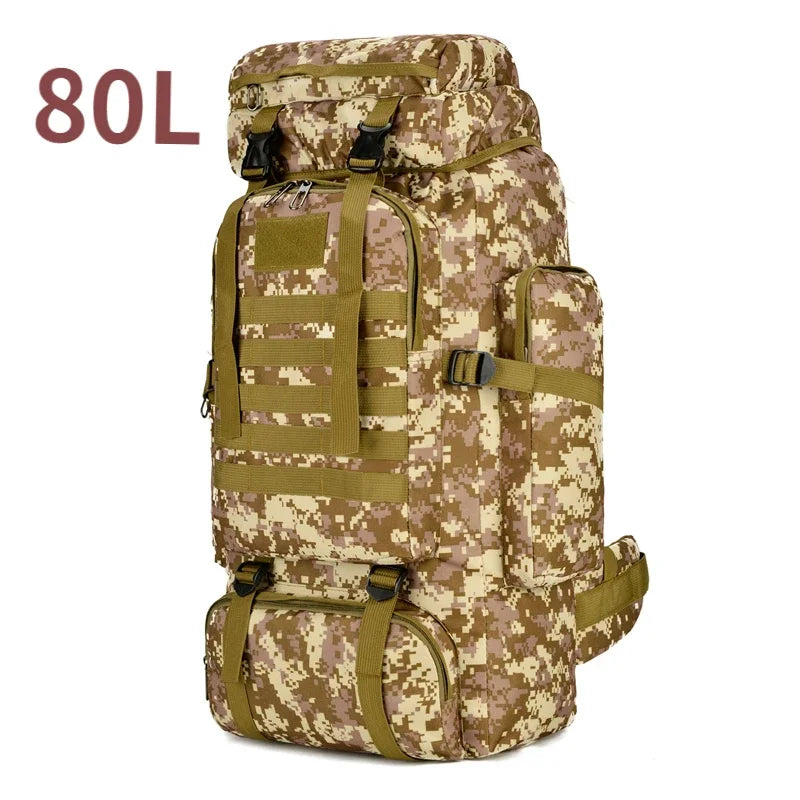 Camouflage backpack with green straps on a white background