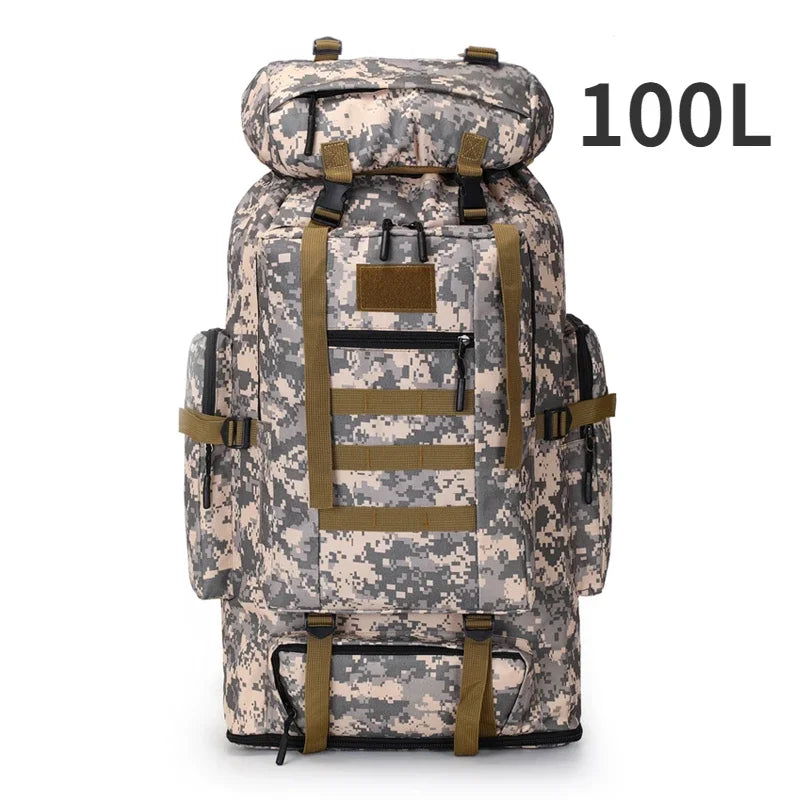Camouflage backpack with brown straps on a white background