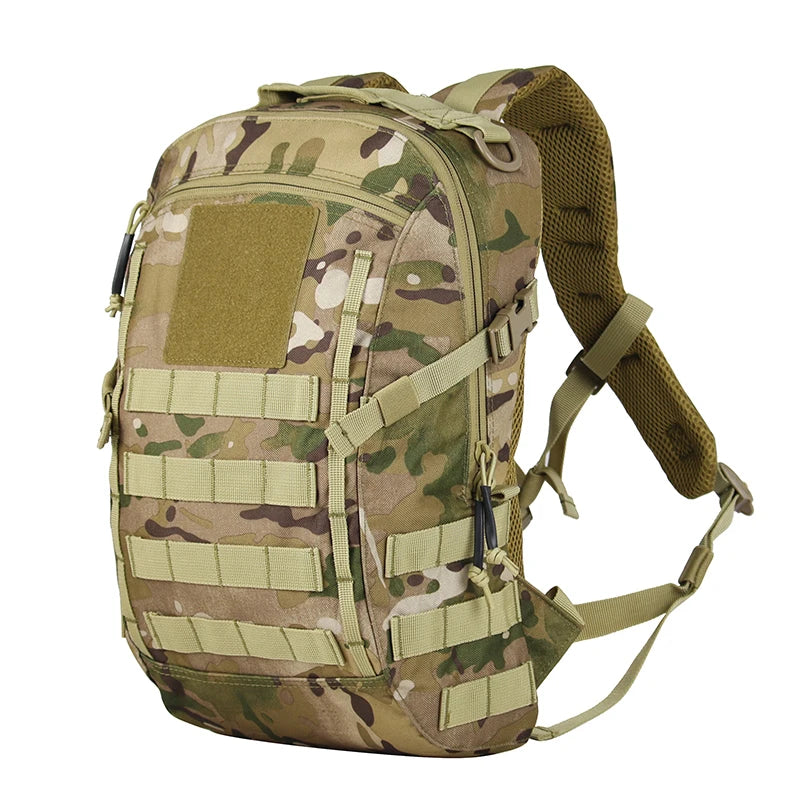Camouflage backpack with multiple pockets and straps on a white background