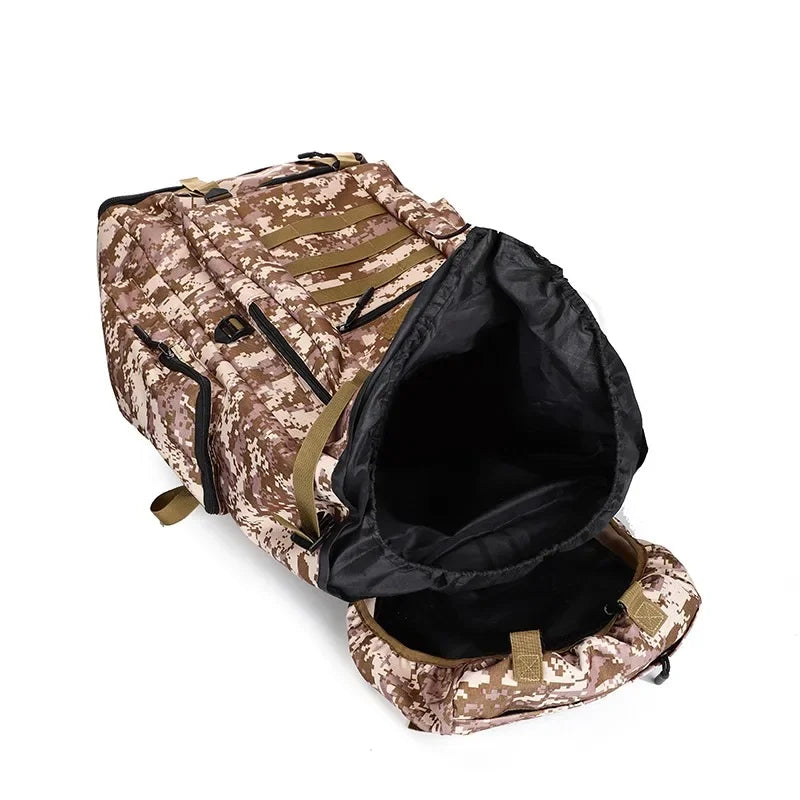 Camouflage backpack with open front compartment on a white background