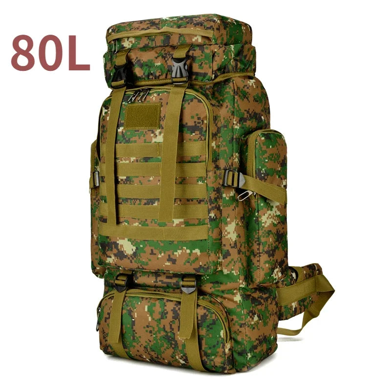Camouflage backpack with 80L capacity on a white background