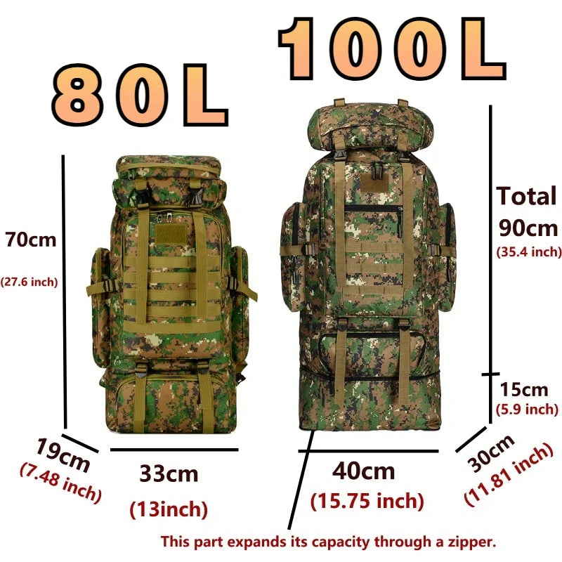 Two camouflage backpacks with dimensions labeled on a white background