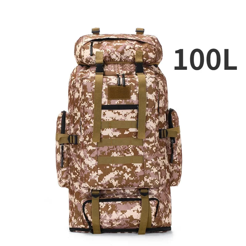 Camouflage backpack with a capacity of 100L on a white background