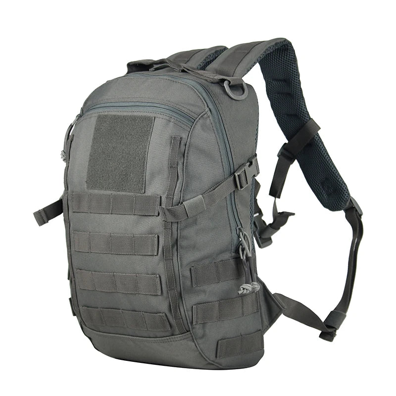 Gray tactical backpack on a white background