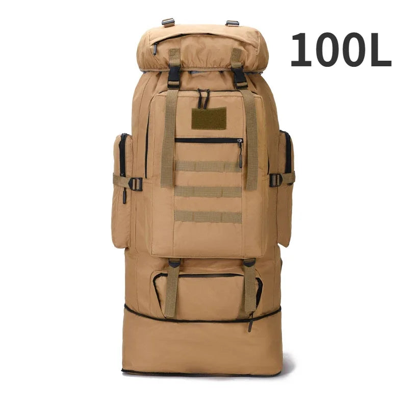 Tan backpack with multiple pockets and straps on a white background