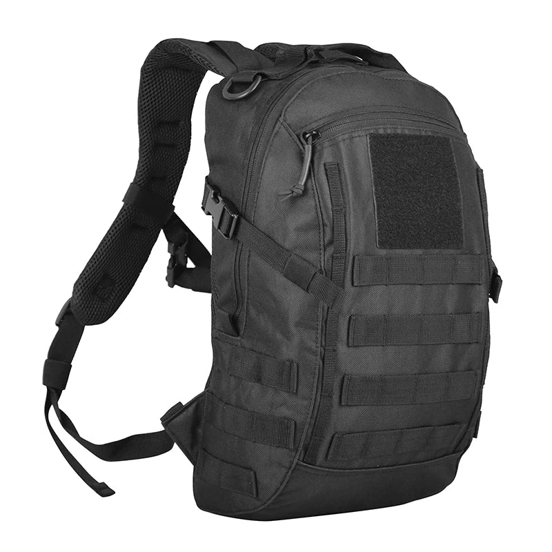 Black tactical backpack on a white background