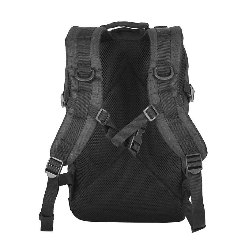 Black backpack with multiple straps on a white background